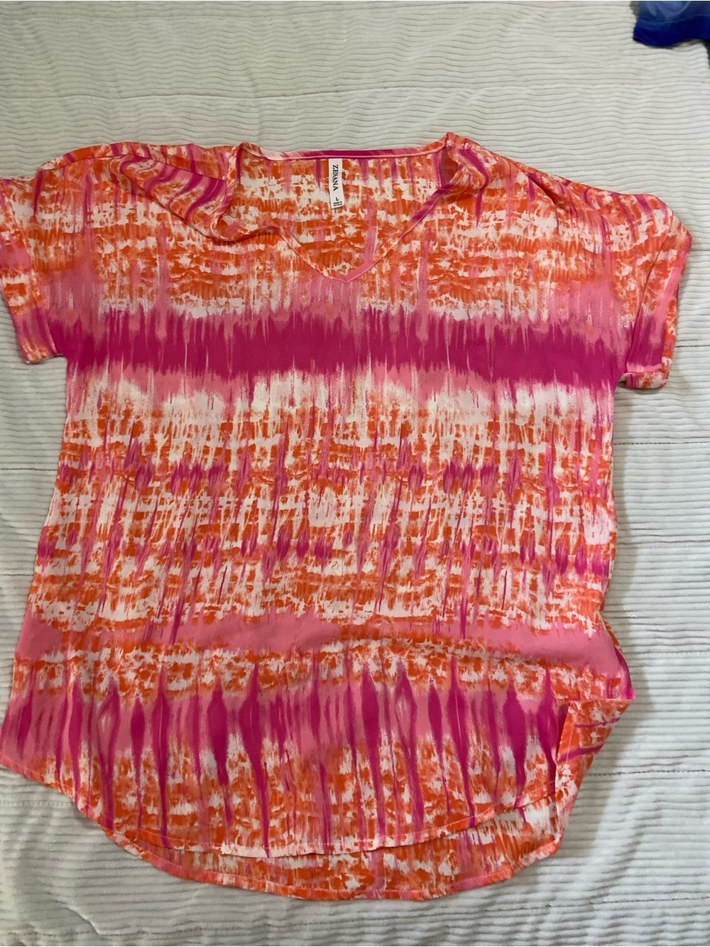 Zenana Outfitters Pink and Orange Tie-Dye V-Neck Short Sleeve Top